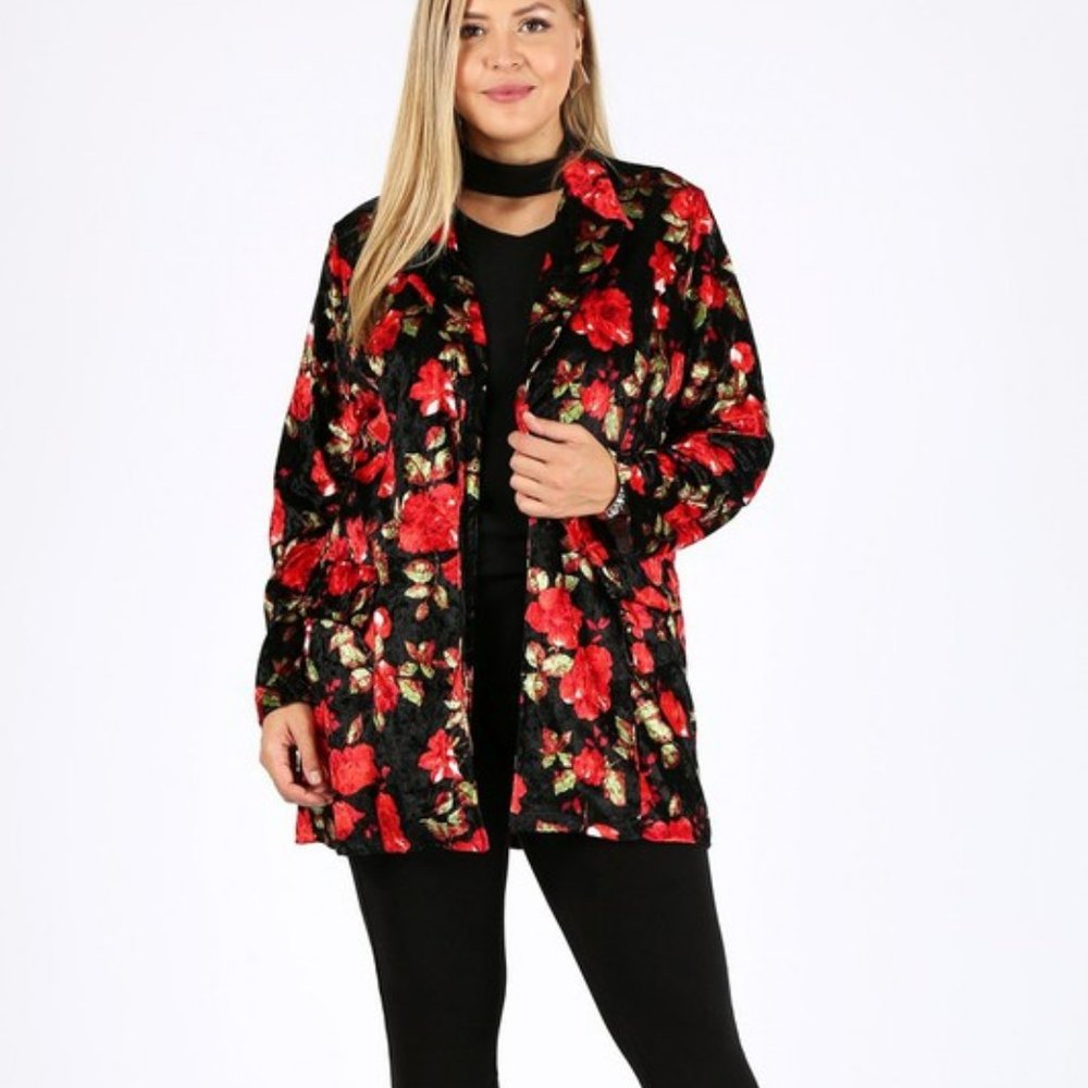 Velvet Floral Long Body Blazer - Red